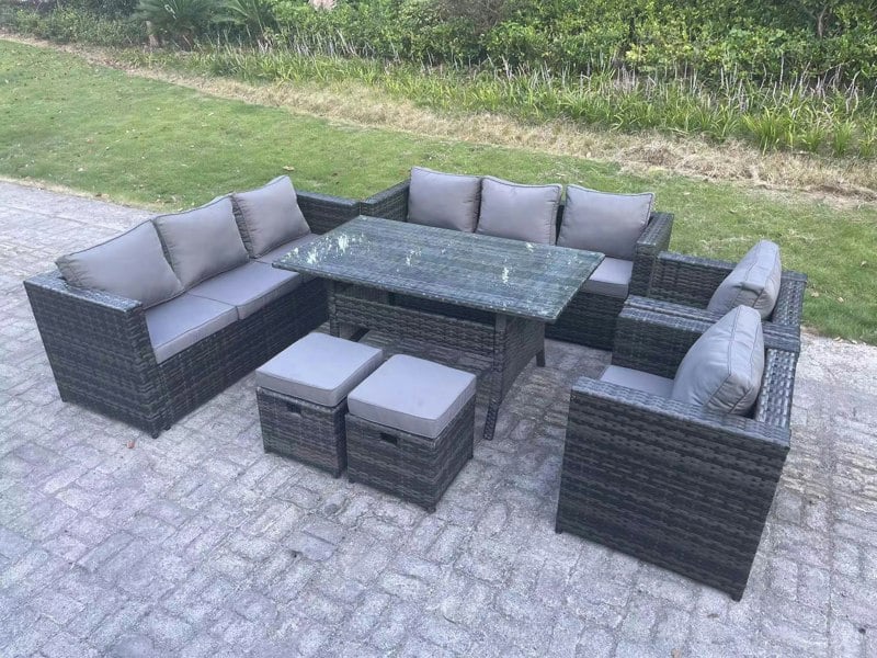 Fimous Outdoor Lounge Sofa Garden Furniture Set Patio Rattan Rectangular Dining Table with 2 Armchair 2 Small Footstools 10 Seater Dark Grey Mixed