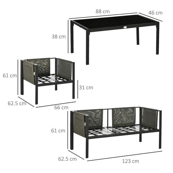 Tempered glass coffee table with loveseat and armchairs, shown with size dimensions
