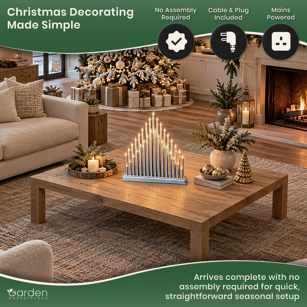 Thirty-Three Light Silver Christmas Candlebridge Tower, Metallic Finish Window Decoration with Cable and Plug, Supplied Complete, No Assembly Required