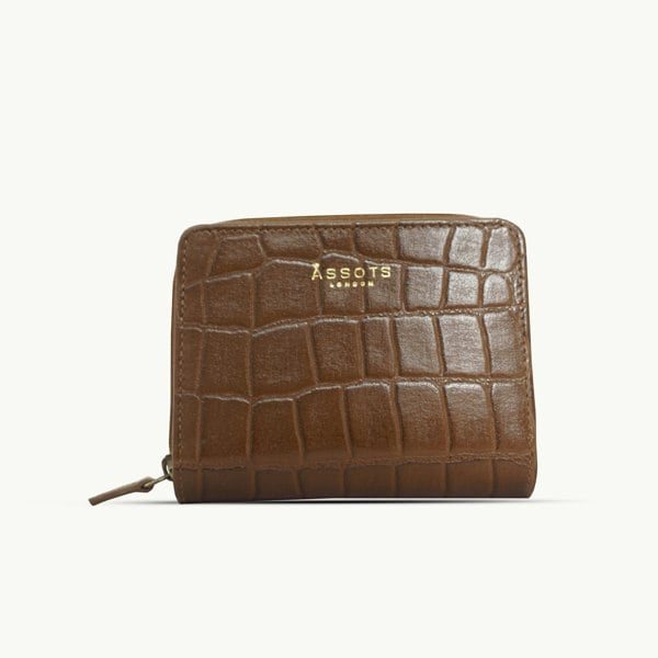 Assots London 'JOLLY' Tan Croc Real Leather Designer Zip-Top Wallet