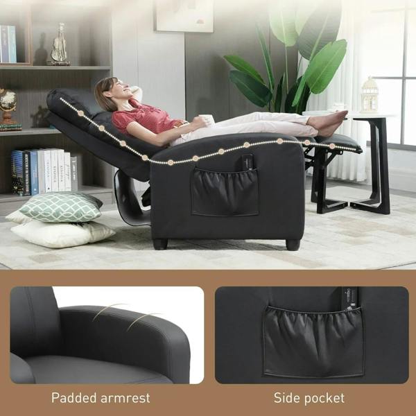 Black massage recliner armchair with padded armrests and side storage pocket