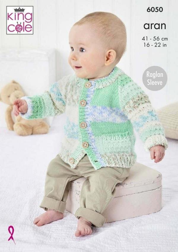 King Cole Cosy Love Aran Knitting Pattern 6050, Sweaters, Headwear for Baby, 16 - 22 Inches