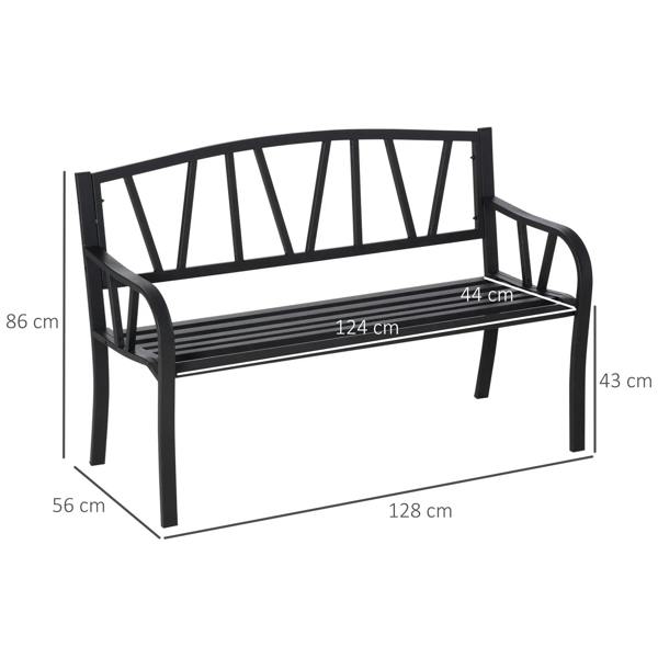 Black metal two-seat garden bench with curved slat back and armrests