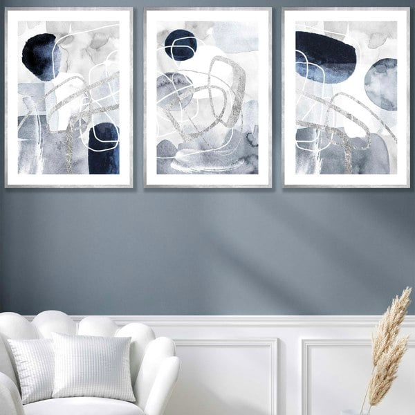 Artze Wall Art Abstract Blue and Silver Shapes Set of 3 Framed Art Prints