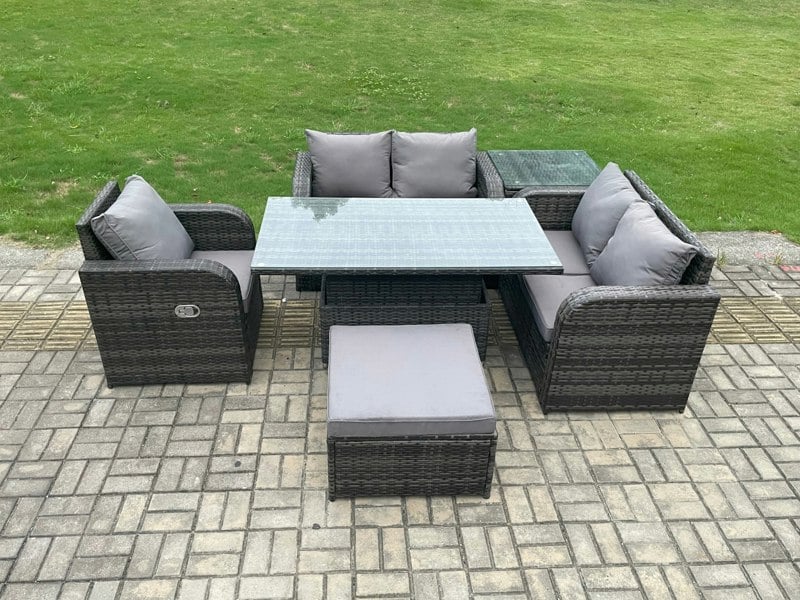 Fimous Wicker PE Rattan Garden Dining Set - Dark Grey Mixed Outdoor Height Adjustable Rising Lifting Table Sofa with Reclining Chair