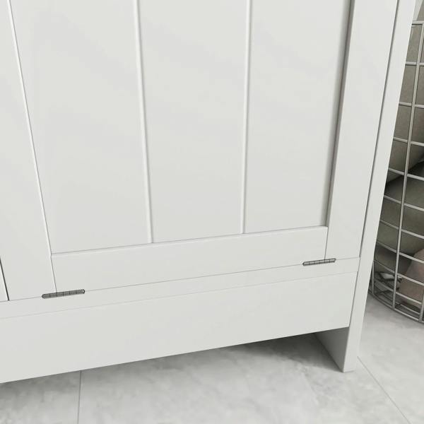 White laundry hamper cabinet with two closed front doors and horizontal lower bar.