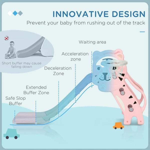 Pink 3-in-1 baby slide climber with basketball hoop, gray ramp shown on safety graphic