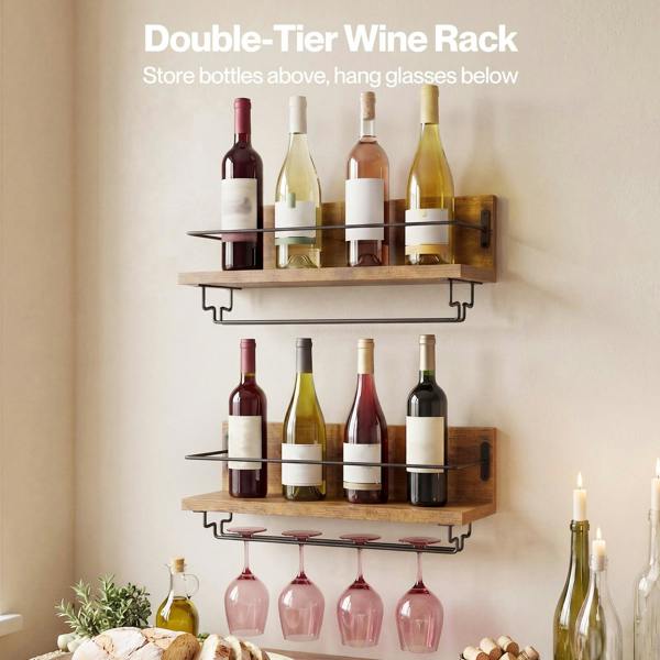 Levede Wall Wine Rack With Glass Holder Floating Wine Shelf Home Bar Storage 2PC