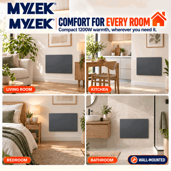 MYLEK Electric Radiator Panel Heater Grey WIFI Smart APP Eco 1200W Bathroom Safe Wall Mounted Timer Thermostat