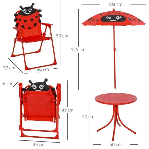 Red ladybug picnic set parts: folding chairs, round table, and parasol with stand