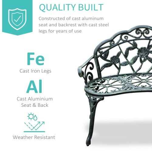 Wyld Haus Rakeba Cast Aluminium Antique Green 2 Seater Garden Bench With Floral Backrest
