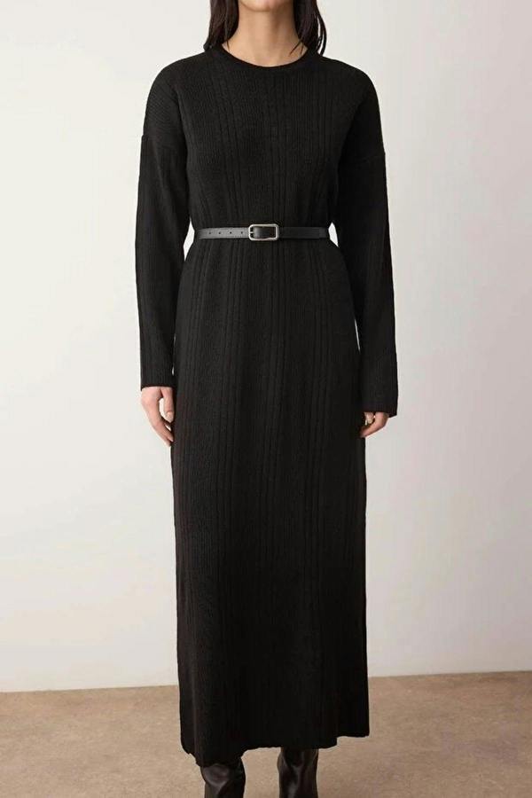 WOVCOR Belted Knit Ribbed Dress