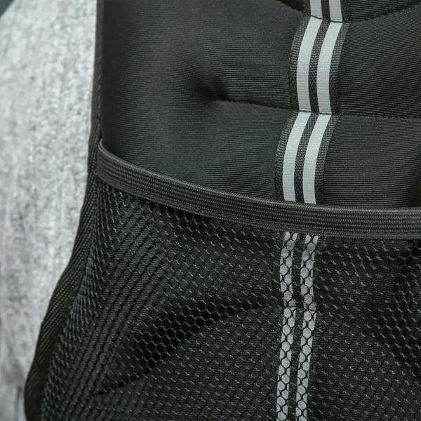 Black weighted vest fabric with mesh panel and reflective stitching detail