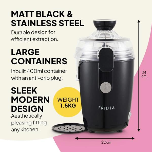 The Fridja f800 Automatic Citrus Juicer in black and stainless steel, with a transparent lid, features a 400ml container, anti-drip plug, 1.5kg weight, 34cm height, and sleek design—ideal for making fresh vitamin C-rich citrus juice.