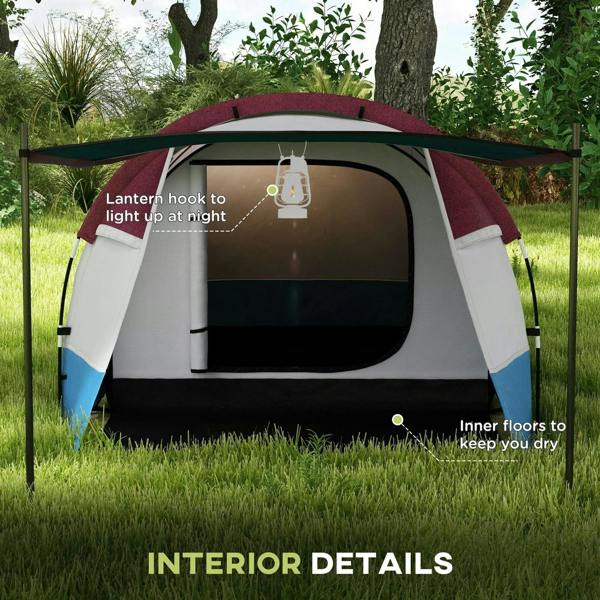 Tunnel camping tent interior with lantern hook, dark floor, and door access.