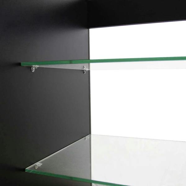 Black K1200 retail display cabinet featuring sleek glass shelves and a modern design, ideal for showcasing products in style