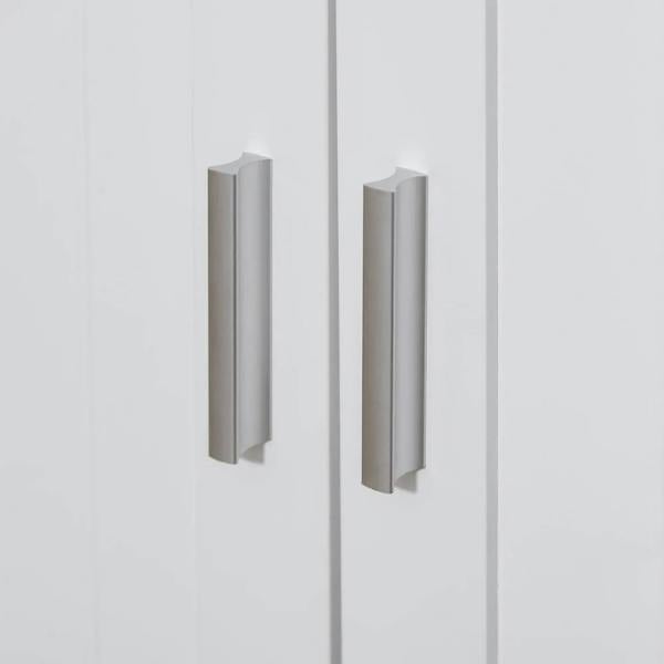 White cabinet-style door handles on wooden cat litter box enclosure