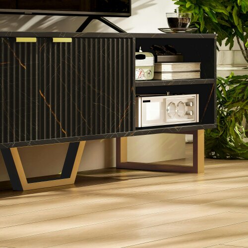 Wyld Haus Baseva 140cm Wooden Black and Gold Marble Effect TV Unit With Fluted Doors For Screens Up To 70 Inches