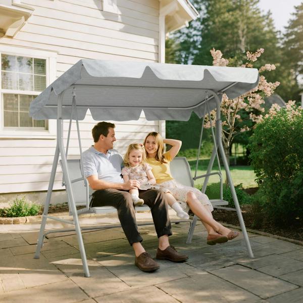 Outsunny Metal Swing Chair Garden Hammock 3 Seater Patio Bench w/ Canopy, Black - Light Grey