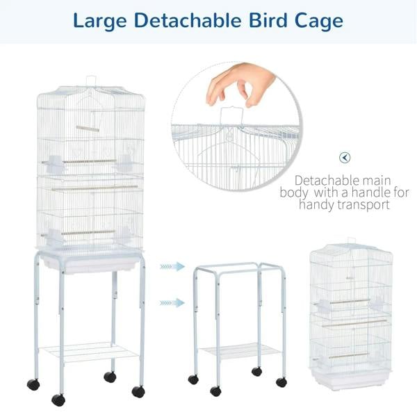 White detachable bird cage with carry handle and wheeled stand