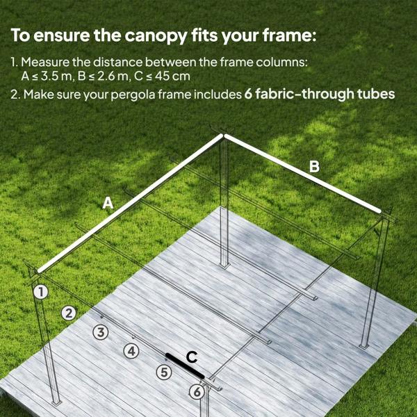 Dark grey pergola canopy fabric replacement with fabric-through tube openings