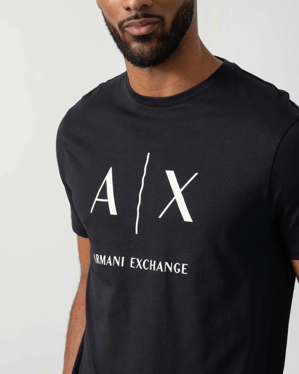 Model wearing Armani Exchange AX Logo T-Shirt in Deep Navy UB101 - Detail