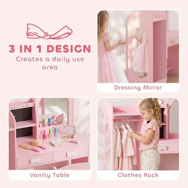 Kids Dressing Table, 3-in-1 Kids Vanity Set with Stool, 2-Colour Lights Mirror, Clothes Rack for Ages 3-8, Pink