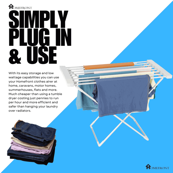 Homefront Electric Heated Clothes Horse Rail Airer Dryer 130W - Indoor Portable Free Standing - Energy Efficient, Low Energy