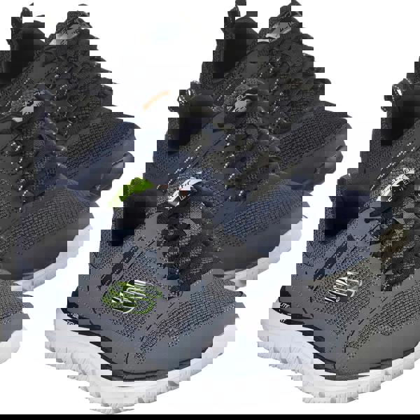 Skechers Track Knockhill Mens Sports Gym Walking Lace Up Trainers, pair of black, navy, and gray athletic sneakers with breathable mesh and cushioned soles.