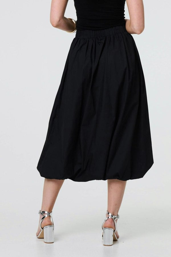 Black | High Waist Elasticated Midi Bubble Skirt
