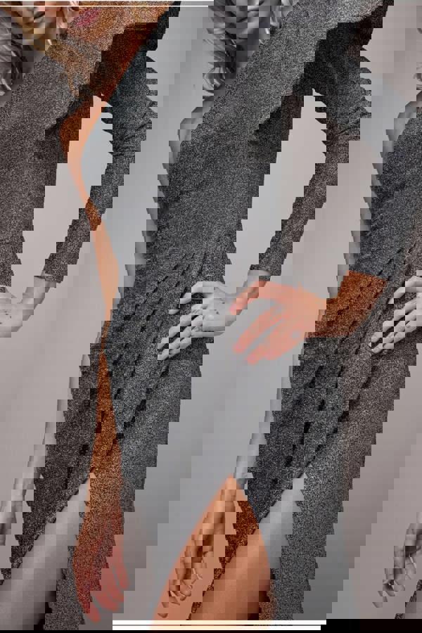 One Sleeve Frill Lurex Midi Dress - Silver DR3806