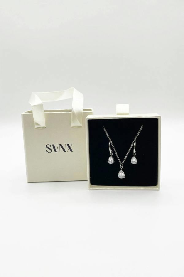 SVNX Rhinestone Teardrop Necklace & Earrings Set in Silver - Gift Boxed