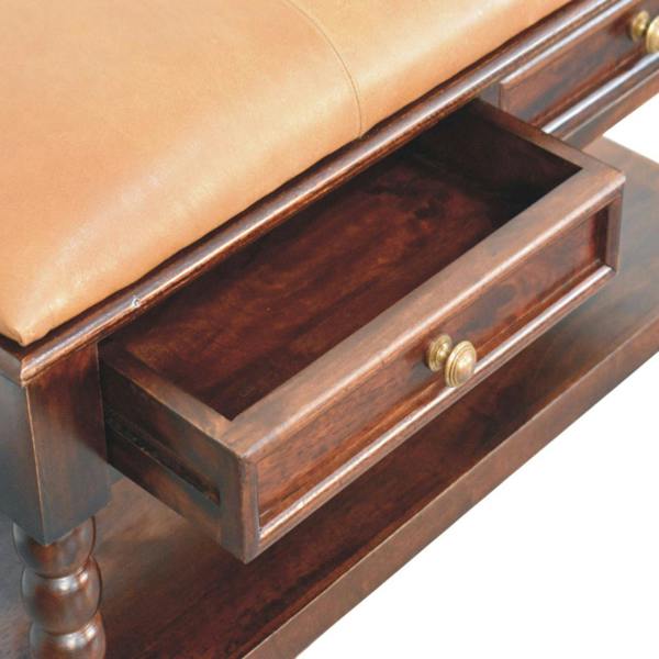 Artisan Furniture Solid Wood Spindle Winewood Leather Bench