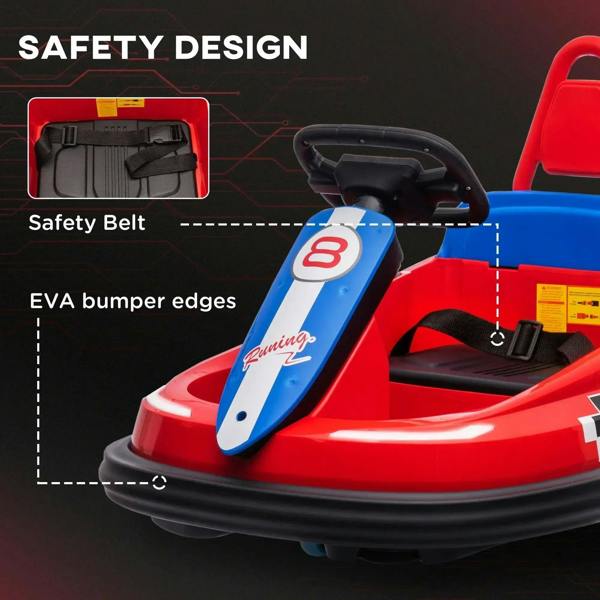 Red electric kids bumper car with safety belt and EVA bumper edge protection.