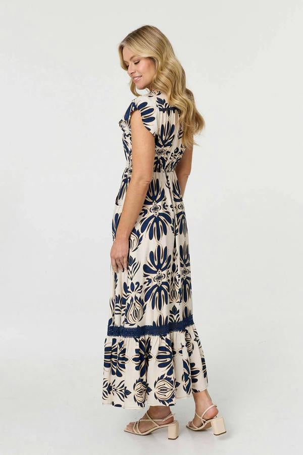 Navy | Printed Lace Trim Cap Sleeved Maxi Dress