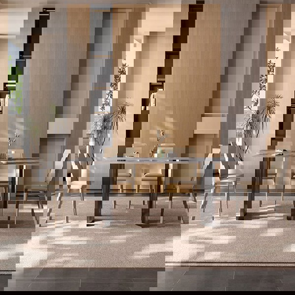 Detail view of Doris Dining Table, Mable with 2nd hand dining room table and chairs