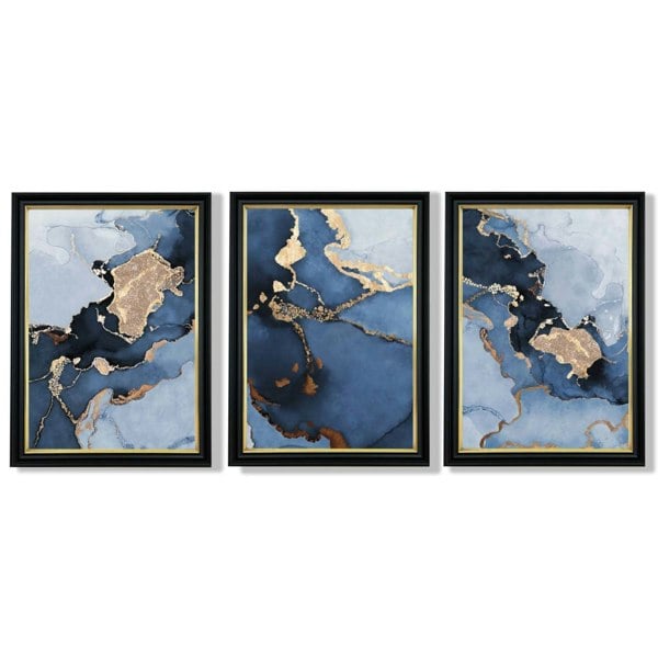 Artze Wall Art Framed Set of 3 Abstract Art Prints of Paintings Navy Blue and Gold