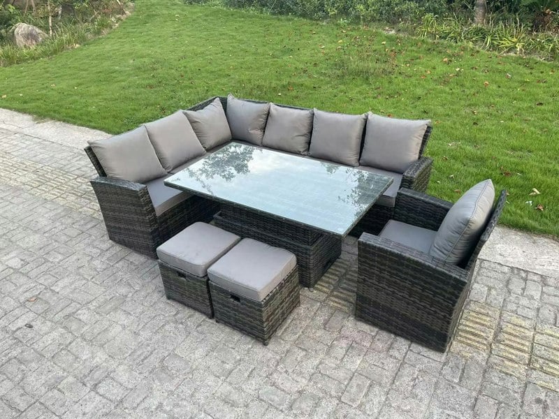 Fimous High Back Rattan Garden Furniture Corner Sofa Sets Adjustable Rising Table Dark Mixed Grey 9 seater left corner