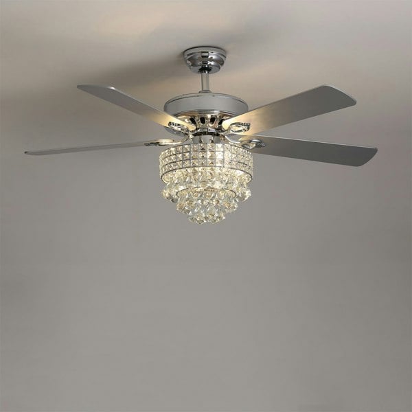 Chrome Ceiling Fan 5 Blades LED Crystal Chandelier & Remote Control 52Inch Ceiling Light Living and Home