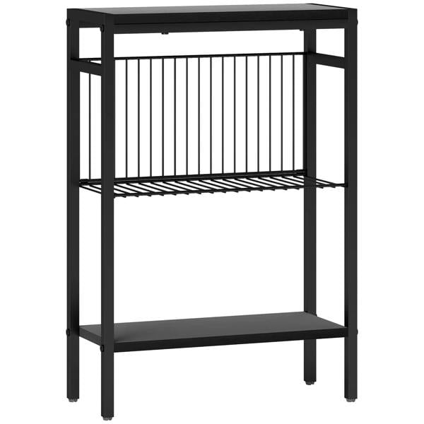 Black industrial side table with three open shelves and slatted middle tier