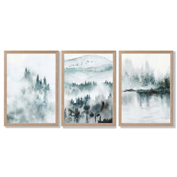 Artze Wall Art Teal Blue Abstract Forest Lake Set of 3 Framed Wall Art