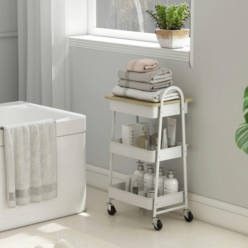 Wyld Haus Satoro Wooden White And Oak 3 Tier Kitchen Trolley With Covered Top
