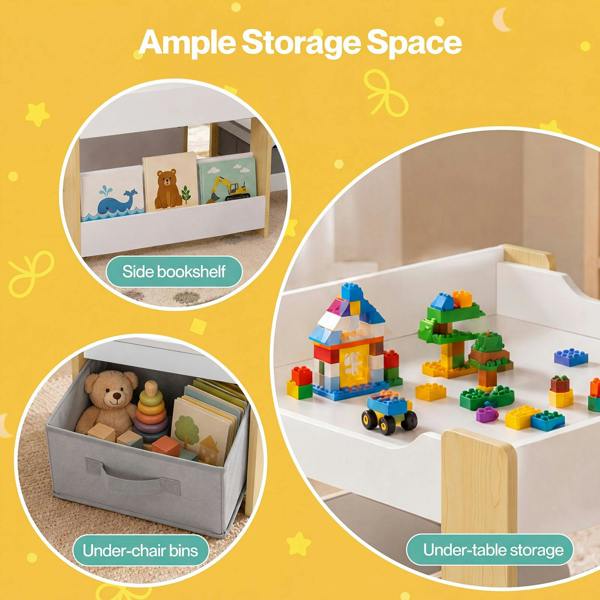 Dekko Kids Table and Chairs Set 2-in-1 Flip Top Storage Play Study Natural