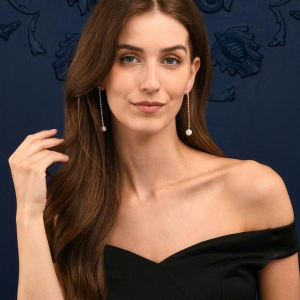 namana Gold Long Drop Earrings with Pearl and Rhinestone Chain for Women