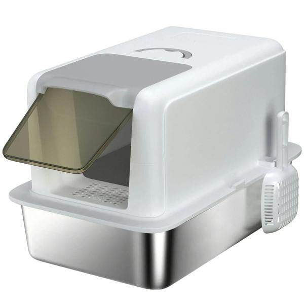 White cat litter box with removable lid and side access door, stainless base