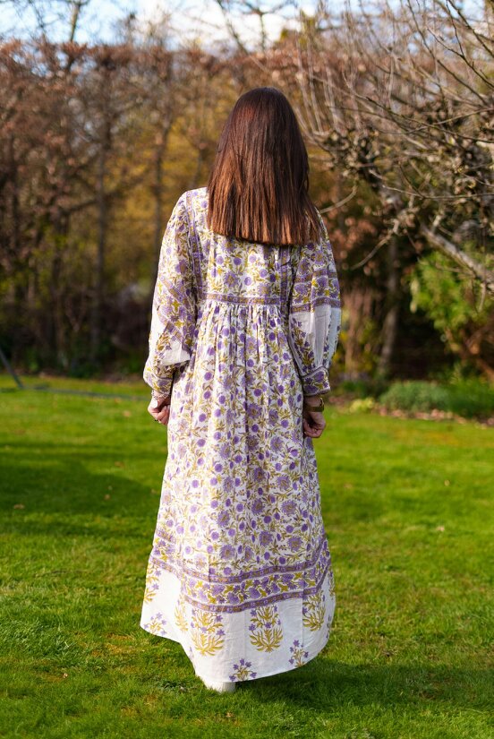 Amelia San Floral Lilac Floaty sleeve woodblock print with flowers, maxi dress