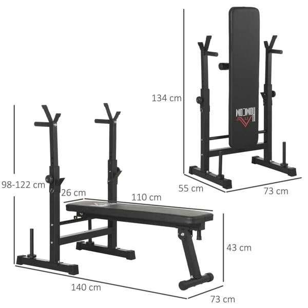 Foldable adjustable weight bench with barbell rack and labeled dimensions