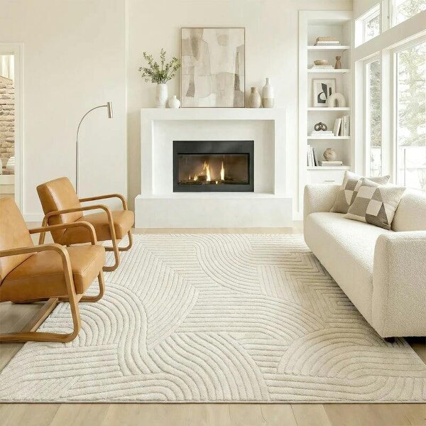 Modern Geometric Rug, Thick Plush, Non-Slip, 200 x 140 cm, Cream, Living Room, Bedroom, Office