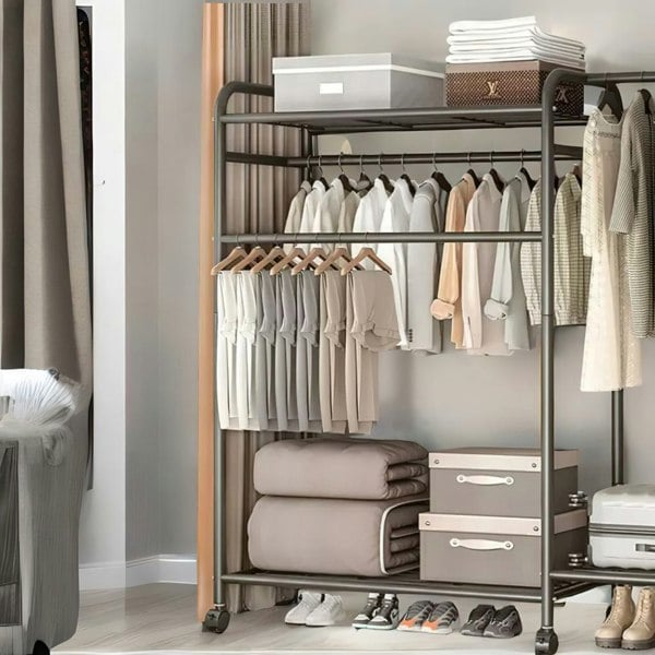 Rafaelo Mobilia Heavy Duty Metal Clothes Rail Open Wardrobe With Storage Shelves Black
