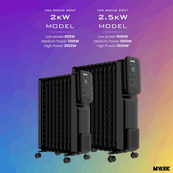 MYLEK Oil Filled Digital Smart WiFi App Enabled Heater - 3 Heat Settings & 24-Hour Timer 2500w
